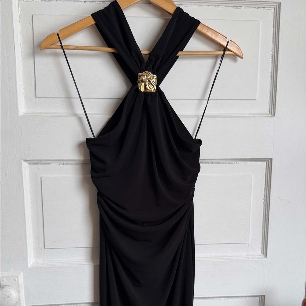 Zara Black Fitted Wrap Midi Dress Gold Neck Detail Criss-cross Back Slit NWT S - Picture 10 of 16